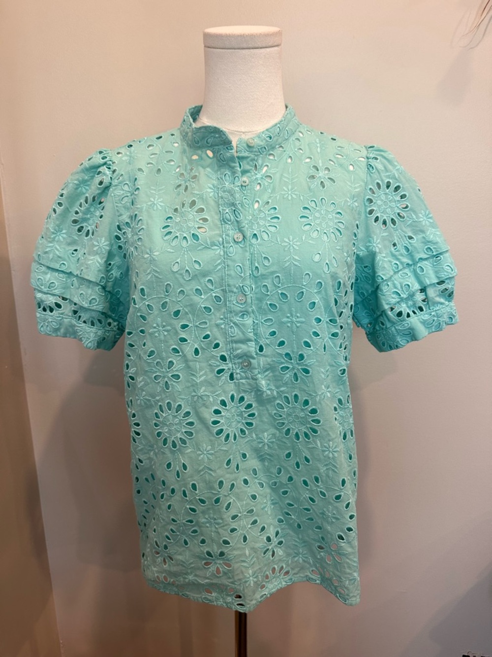 J.Crew Aqua Mint Eyelet Puff Sleeve Button Up Top S Boho Cottagecore - Picture 3 of 6